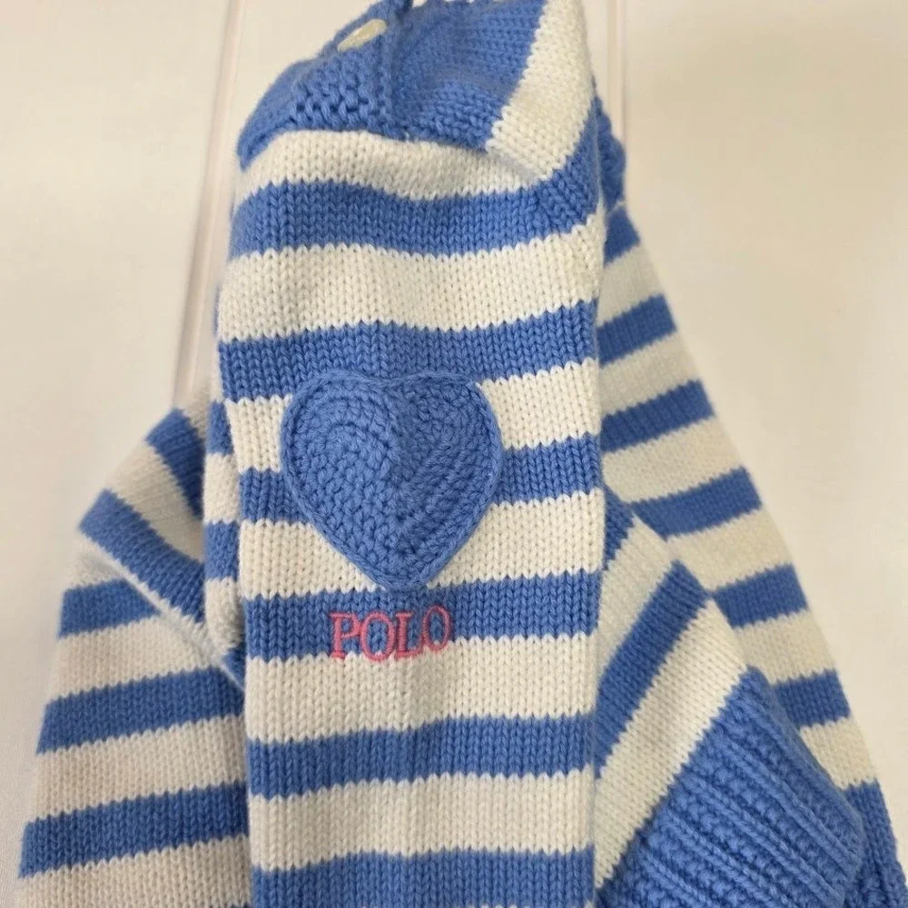 Ralph Lauren Size 6M‎ Baby Girls Blue White Stripe Cotton Sweater Heart Patch